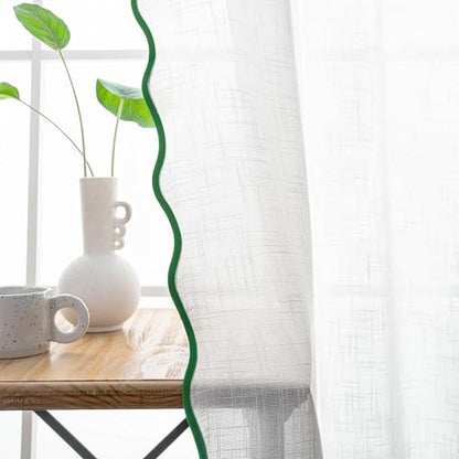 DriftAway Semi Sheer Scalloped Edge White Coastal Beach Window Curtains for Living Room Bedroom 2 Panels Rod Pocket Each Size 52 Inch by 84 Inch Loden Green - color: White Loden Green, size: 52"W x 84"L (Pack of 2)