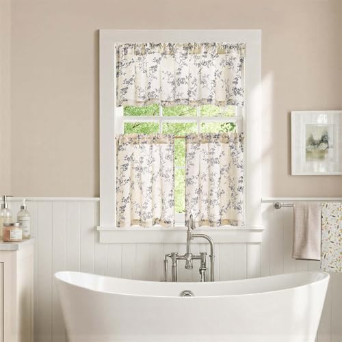 jinchan Black Linen Floral Kitchen Tier Curtains and Valance Set 3 Pieces - color: Alisa | Black on Linen, size: 26"W x 24"L (Pack of 3)