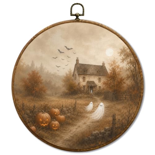 JUIOEIU Moody Fall Halloween Ghost Cottage Pumpkin Round Wall Decor 990 - color: Ghost Pumpkin