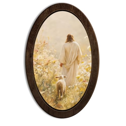 YZSLA Christian Wall Art Decor, Jesus and Lamb Rustic Framed Oval Wall Art - color: Jesus-2
