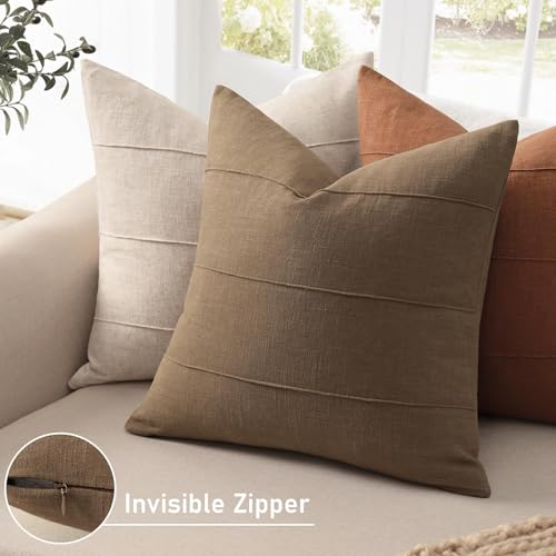 ZWJD Decorative Linen Throw Pillow Covers 24x24 Set of 2 Solid Handcrafted Striped Cushion Covers for Bed Soft Modern Farmhouse Neutral Pillowcase for Couch Bedroom Living Room Home Decor(Coco Brown) - color: Coco Brown, size: 24" x 24" (Pack of 2)