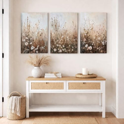 Neutral Wildflower Canvas Wall Art, 3 Piece Gallery Wrapped Set, 16x24 - color: Wildflowers in the grass, size: 16x24 inch
