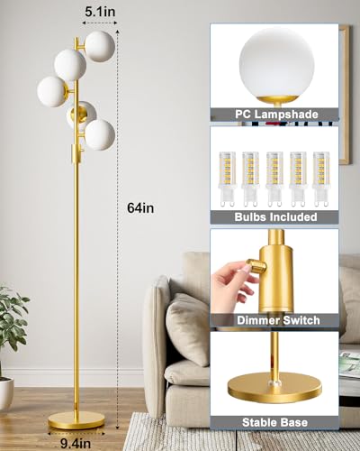 Lightdot Globe Floor Lamp Mid Century Modern Floor Lamp for Living Room - color: 5 Globe-Gold