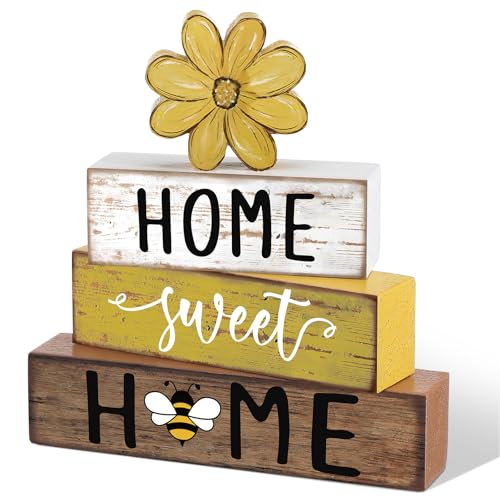 Cinnvoice 4 Pcs Yellow Bee Daisy Wooden Block Decor Farmhouse Tiered Tray - style: Bee Daisy