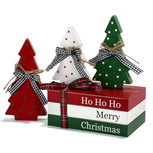 Christmas Decoration 6PCS Table Centerpieces, Tabletop Christmas Decor for Tiered Tray Shelf Mantel Fireplace Coffee Bar Office Desk Farmhouse Xmas Holiday Decoration Wood Faux Book and Tree Sign - color: Christmas