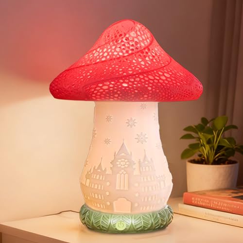 Cordless Mushroom Lamp - Rechargeable Touch Lamp for Nightstand, 3 Color Temperature Bedside Lamp with Rotating Castle Shade, Battery Operated Small Lamp for Bedroom, Nursery, Kids Room - color: Green Base - Mushroom