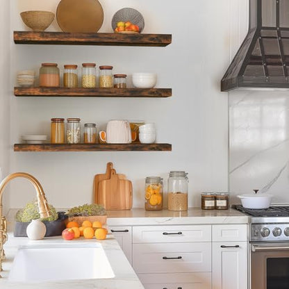 BAYKA Rustic Brown Floating Shelves 35.4in, Set of 3, Wall Mount Wood Shelf - color: B. Rustic Brown - Americana Farmhouse Style, size: 35.4inches