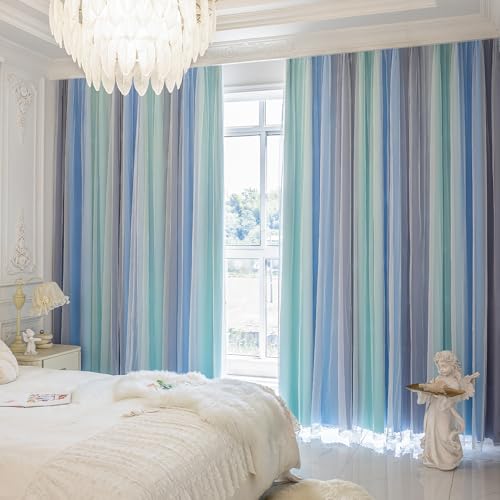 XiDi 100% Blackout Curtains for Girls Bedroom Living Room 96 Inch Length 2 Panels Kids Rainbow Blue Green Grey Mix & Match Double Layer Curtains with Sheer Overlay Grommet Window Drapes 52W x 96L - color: Blackout-blue-green-grey, size: 52"W x 96"L (Pack
