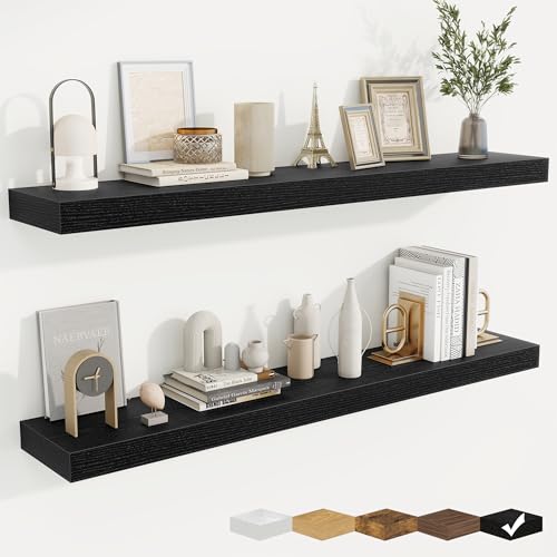 Floating Shelves for Wall, Wall Mounted Wood Shelves, Black, Set of 2, 48in - color: Black, size: 48"W x 6.5"D , 2 Pack