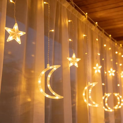 Dazzle Bright Ramadan Curtain String Lights, 138 LED 8.2 FT Warm White Star Moon Window Lights with Timer and 8 Lighting Modes, Waterproof Ramadan Decorations for Bedroom Wall Wedding Outdoor Party - size: Star Moon