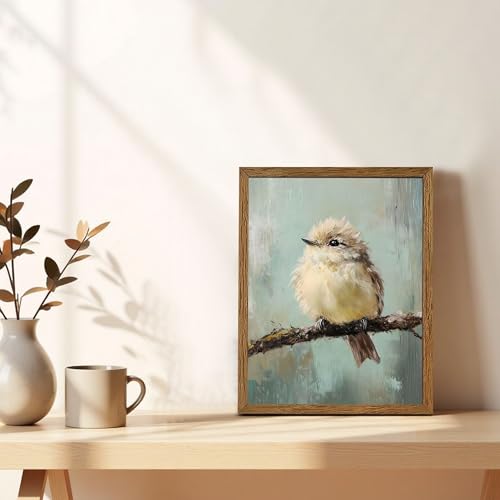 AVECCO Cute Funny Fluffy Bird on Branch Wall Art Canvas Framed 8x10 inch - color: bird, size: 10"L x 8"W