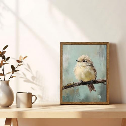 AVECCO Cute Funny Fluffy Bird on Branch Wall Art Canvas Framed 8x10 inch - color: bird, size: 10"L x 8"W