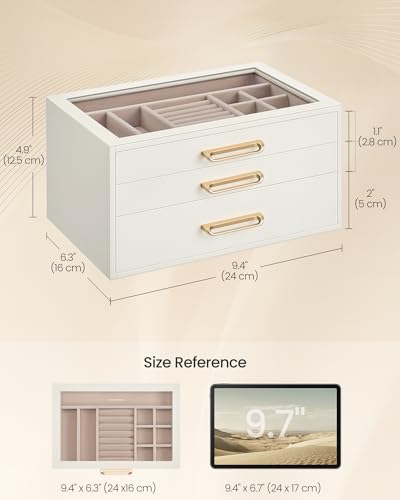 SONGMICS 3-Layer Jewelry Box with Glass Window, 3 Drawers, Golden Handles - color: Cream White, size: 3-Tier