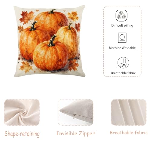 Four Orange Pumpkins Maple Leaf Watercolor Splash Throw Pillow Cover 18x18 Inch, Vintage Fall Harvest Farmhouse Linen Decorative Pillow Cover for Thanksgiving Sofa Couch Decor - color: Cream, Orange