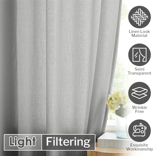 Melodieux Gray Semi Sheer Curtains 63 Inch Length for Living Room, Linen Rustic Bedroom Privacy Window Grommet Sheer Drapes, 52 by 63 Inch, 2 Panels - color: Grey, size: 52"W x 63"L (Pack of 2)