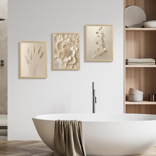 Hianan Wood Framed Neutral Beige Botanical Wall Art Set of 3, 16x24 in - color: Beige(Wood), size: 24"L x 16"W