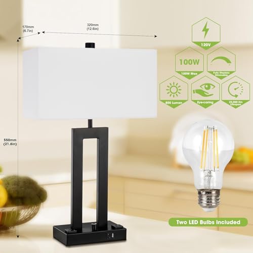 22" Table Lamps for Bedroom, Modern Bedside Lamps with Charging Ports - color: White