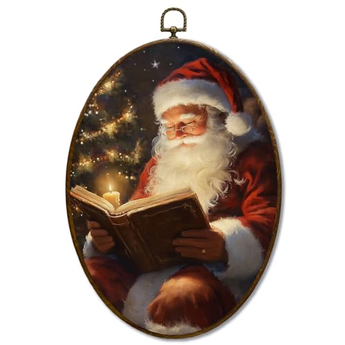 JQF Vintage Christmas Santa Oval Wall Decor, Rustic Santa Claus Oval Canvas Wall Art, Holiday Winter Christmas Framed Prints Hanging Decor for Farmhouse Home Living Room Bedroom, 8.5x11.5 Inch - color: santa-1
