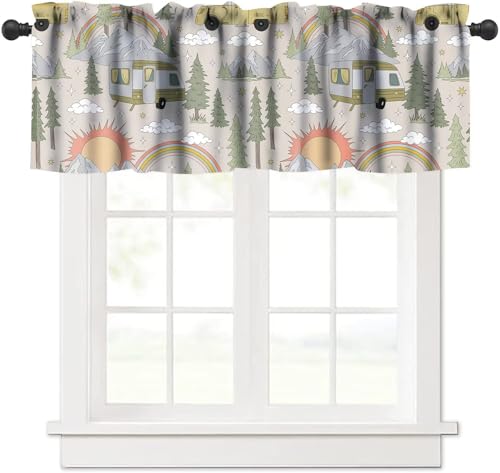 Camper Van Window Valance, Vintage Camper Summer Vacation Retro Groovy Sun Rainbow Clouds Rustic Mountain Forest Print Short Window Treatment Curtain for Kids Bedroom, 54x18inch - color: Camp-4