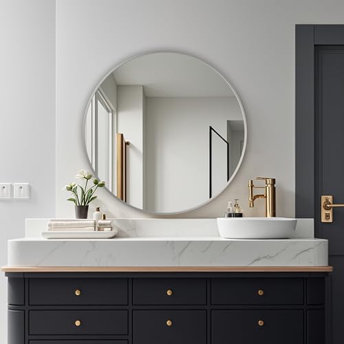 Round Mirror, Wall Mounted Circle Mirror, Brushed Metal Frame, 30", Silver - color: Silver, size: 30"L x 30"W