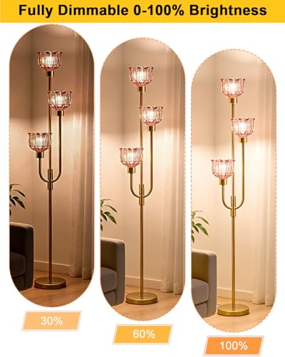 3-Light Glass Floor Lamp 66IN Modern Red Glass Gold Dimmable Floor Lamps - color: Deep Red Tulip-Gold