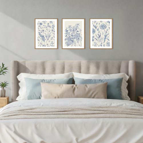KAIRNE Blue White Chinoiserie Floral Framed Canvas Wall Art Set-24"x36"x3 - color: Classic Chinoiserie Wall Art, size: 12"L x 16"W