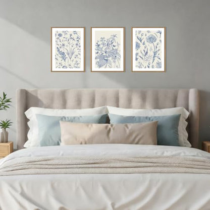 KAIRNE Blue White Chinoiserie Floral Framed Canvas Wall Art Set-24"x36"x3 - color: Classic Chinoiserie Wall Art, size: 12"L x 16"W