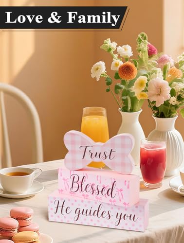 Pink Bow Wooden Tabletop Decor, Trust Blessed He Guides You Block Sign, Farmhouse Rustic Centerpiece for Table Shelf, Easter Christian Faith Home Decoration, Inspirational Gift for Women - size: Pink Bow