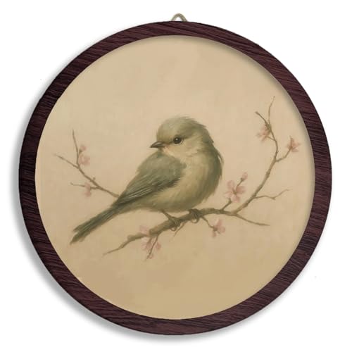 XDFVL Vintage Bird Round Wall Art Decor, Retro Floral Bird Framed Wooden Prints, Cottagecore Farmhouse Rustic Round Wall Hanging Decor for Home Bedroom Living Room, 10x10 Inch - color: sparrow
