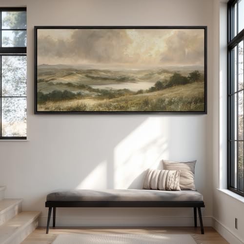 wall26 Extra Large Framed Wall Art Canvas Print - Muted Vintage Rolling Hills Valley Landscape - Contemporary Artwork for Living Room Bedroom Office - 60"x30" Black - color: A07-2607-YUK18, size: 60"L x 30"W, style: Black Frame