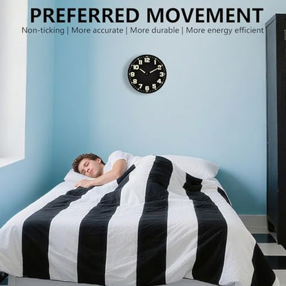 Glow in The Dark Wall Clock, 8" Silent Non-Ticking Wall Clocks Battery Operated, Large Easy Read Numbers Tempered Glass Night Light Analog Clock for Bedroom Living Room Kitchen Office, Black - color: Black Green, size: 8 Inch