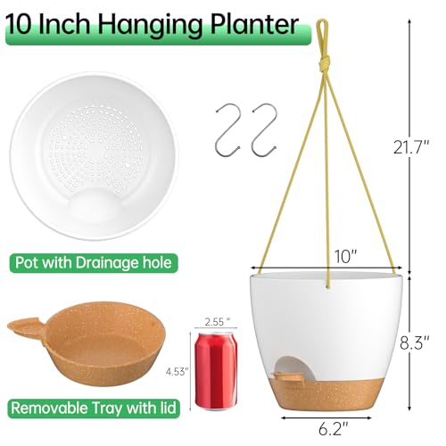 ZMTECH 10 Inch Hanging Planters for Indoor Outdoor Plants, 2 Pack Self Watering Hanging Plant Pots with Drainage Holes and Removable Saucer, Plastic Flower Hanging Pots with Watering Lip (White) - color: White, size: 10 Inch