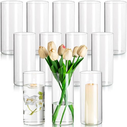 Glasseam Glass Cylinder Vase for Centerpiece, 12Pcs Small Clear Flower Vase - size: 8In