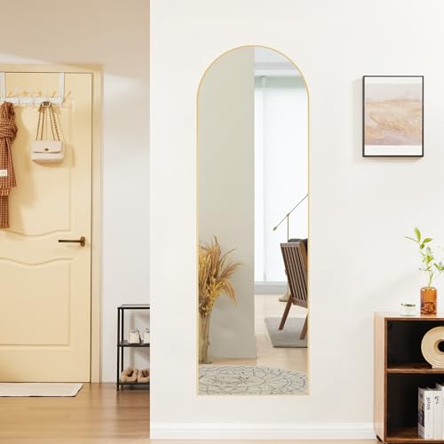 OLIXIS Arched Full Length Mirror 59"x16.3" for Bedroom, Full Body Mirror with Stand, Hanging or Leaning for Wall, Aluminum Alloy Thin Frame Floor Standing for Living Room, Long, Gold