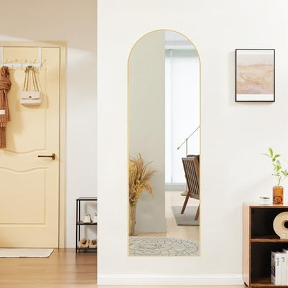 OLIXIS Arched Full Length Mirror 59"x16.3" for Bedroom, Full Body Mirror with Stand, Hanging or Leaning for Wall, Aluminum Alloy Thin Frame Floor Standing for Living Room, Long, Gold
