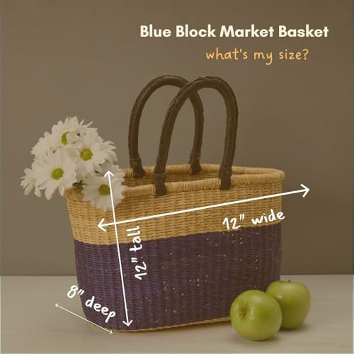 African Market Basket with Leather Handles, Blue Woven Bolga Market Basket, 12" Wide - color: Blue