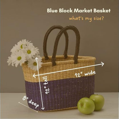 African Market Basket with Leather Handles, Blue Woven Bolga Market Basket, 12" Wide - color: Blue