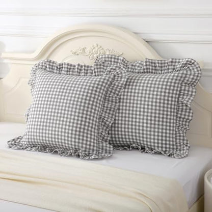 Silnuo 2 Pack Grey/White Plaid Ruffle Throw Pillow Covers Farmhouse Checkered Pillowcases Washed Cotton Gingham Pillow Shams for Bed, Sofa, Living Room-20"x20" - color: Grey/White Plaid, size: 20" x 20" - Set of 2