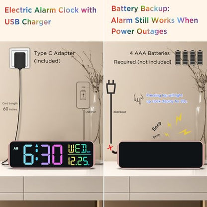 Peakeep Large Display Digital Alarm Clock for Bedroom with Date Day of Week - color: Rose Gold With Colorful (Plug-in Ac Powered)