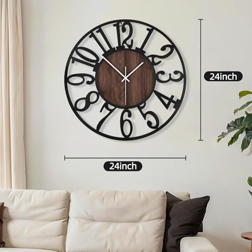 Maxstar Large Round Wall Clock for Living Room Decor Battery Operated Non Ticking Black Metal Wood Clocks for Home Living Room Garden Farmhouse Office Kitchen Decoration -24 inch - color: Black-arabic Numerals, size: 24 Inch