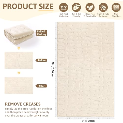 Yamaziot Washable 3x5 Area Rugs for Living Room Textured Non Slip Rug Beige - color: Beige, size: 3' x 5' (Rectangular)