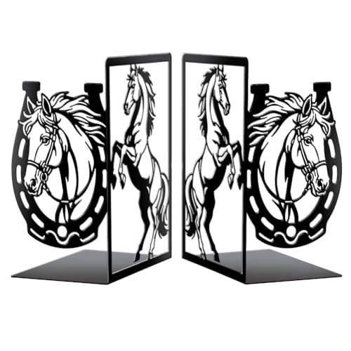 Peacoblue 5.5"x4.3"x8.3" Metal Bookends, Heavy Duty Book Ends for Shelves - style: Horse and Horseshoe