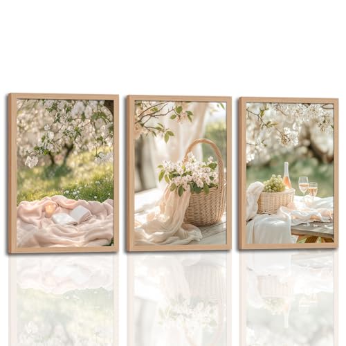 3Pcs Framed Blossom Garden Canvas Wall Art Spring Soft Floral Picnic Landscape Prints, Botanical Flower Picture Painting for Bedroom Living Room Dining Room Farmhouse Home 12X16in - color: Spring Blossom Picnic Theme, size: 12"L x 16"W