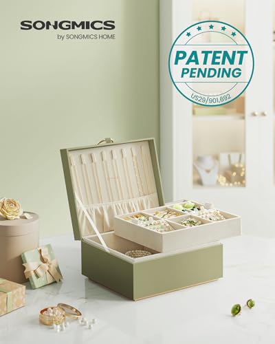 SONGMICS 2-Layer Jewelry Box with Handle, Removable Tray, Floating Effect - color: Sage Green