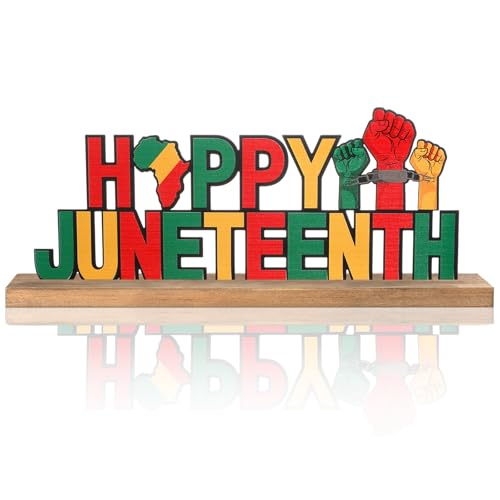 MiniInflat Metal Juneteenth Table Decorations Summer Centerpieces with Wooden Base Happy June 19th Freedom Day Table Topper Sign for Home Kitchen Tabletop Fireplace Mantel Shelf Desk Tiered Tray - style: Happy Juneteenth