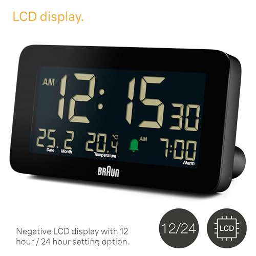 Braun Digital Alarm Clock with Date, Month and Temperature Displayed, Negative LCD Display, Quick Set, Crescendo Beep Alarm in Black, Model BC10B (1-Pack) - color: Black