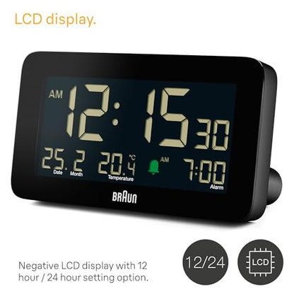 Braun Digital Alarm Clock with Date, Month and Temperature Displayed, Negative LCD Display, Quick Set, Crescendo Beep Alarm in Black, Model BC10B (1-Pack) - color: Black
