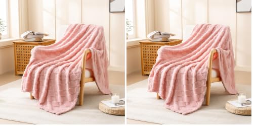 Pink Fleece Throw Blanket for Couch Sofa 50”x60” with Diamond Checkered (Pack of 2) - color: Pink, size: Throw(50"x60") (Pack of 2)