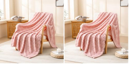 Pink Fleece Throw Blanket for Couch Sofa 50”x60” with Diamond Checkered (Pack of 2) - color: Pink, size: Throw(50"x60") (Pack of 2)