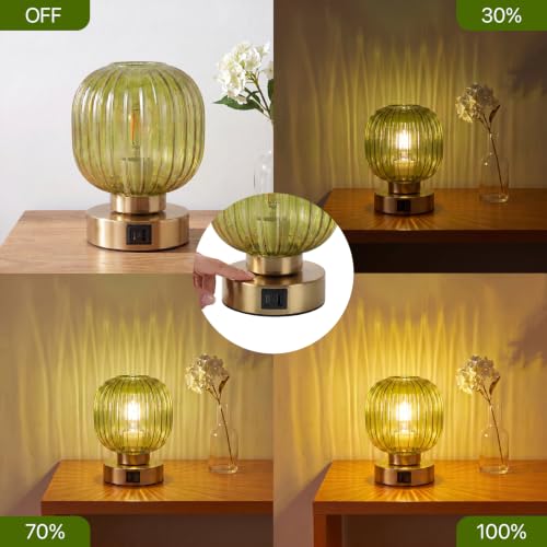 Elenhome Touch Table Lamp Set of 2, 3-Way Dimmable with Glass Shade, USB-C+A Charging Ports, Mid-Century Modern Small Bedside Lamps for Nightstand, Bedroom, and Living Room, LED Bulb Included (Green) - color: Green_2pack